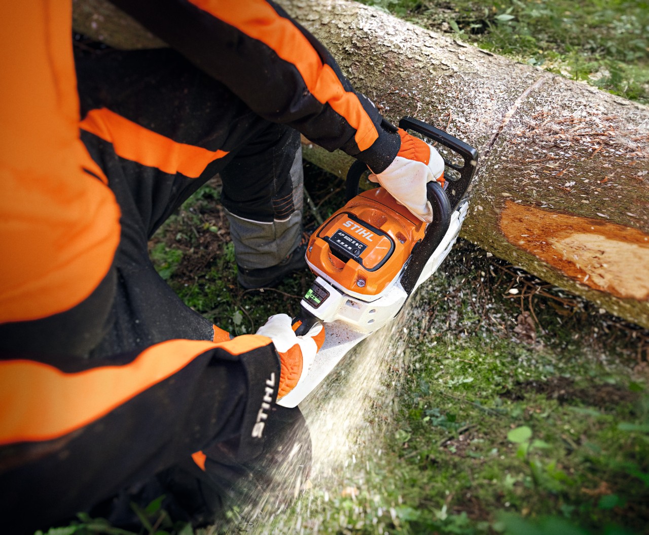 Prim-plan al unei persoane are taie un butuc cu ajutorul motoferăstrăului cu acumulator STIHL MSA 300