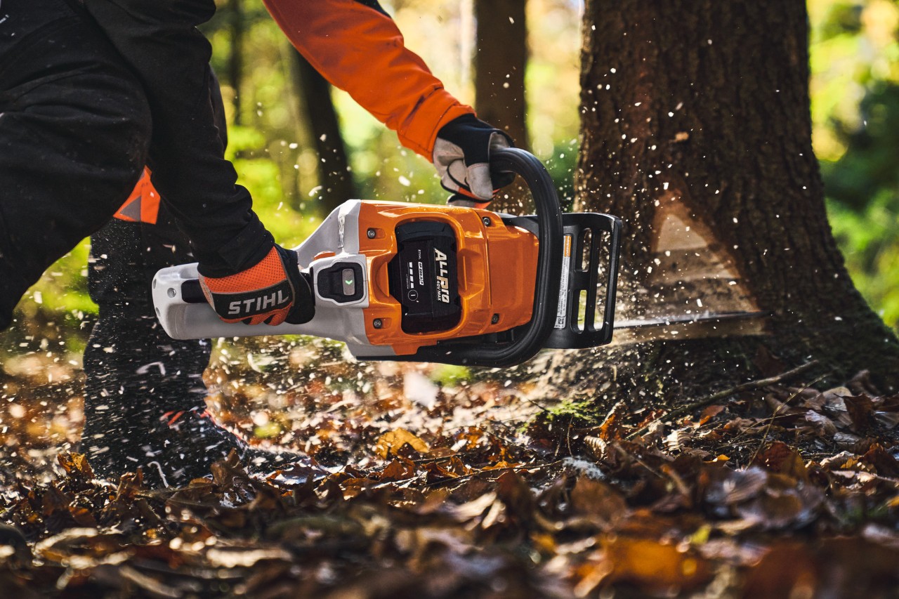 Un utilizator profesionist taie copaci în pădure cu ferăstrăul cu lanț fără fir STIHL MSA 260.