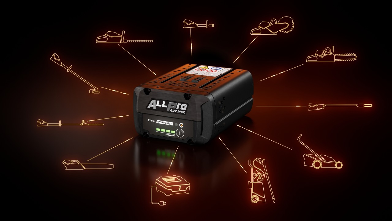 Baterie STIHL ALLPRO AP 300.0 P C cu diverse simboluri ale categoriilor de produse care indică compatibilitatea