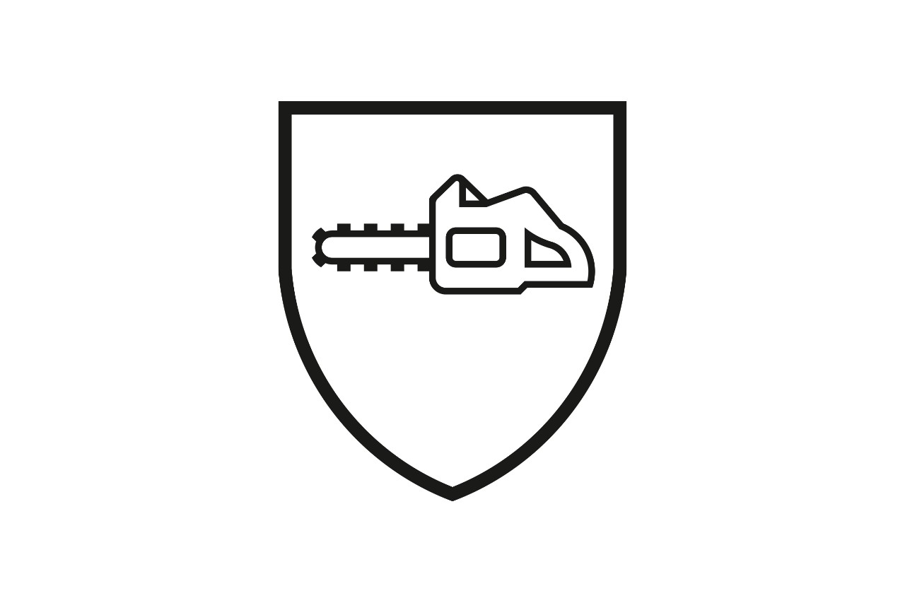 Pictogramă pentru clasa de protecție împotriva tăierii 1 sub forma unui scut de protecție cu un motoferăstrău