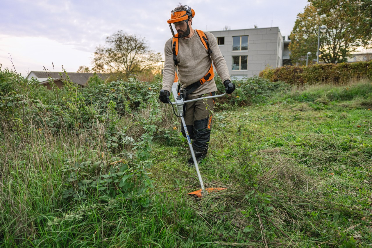Un bărbat îmbrăcat în echipament de protecție STIHL tunde o suprafață verde acoperită cu vegetație sălbatică, folosind un utilaj de tăiat arboret cu acumulator STIHL FSA 200