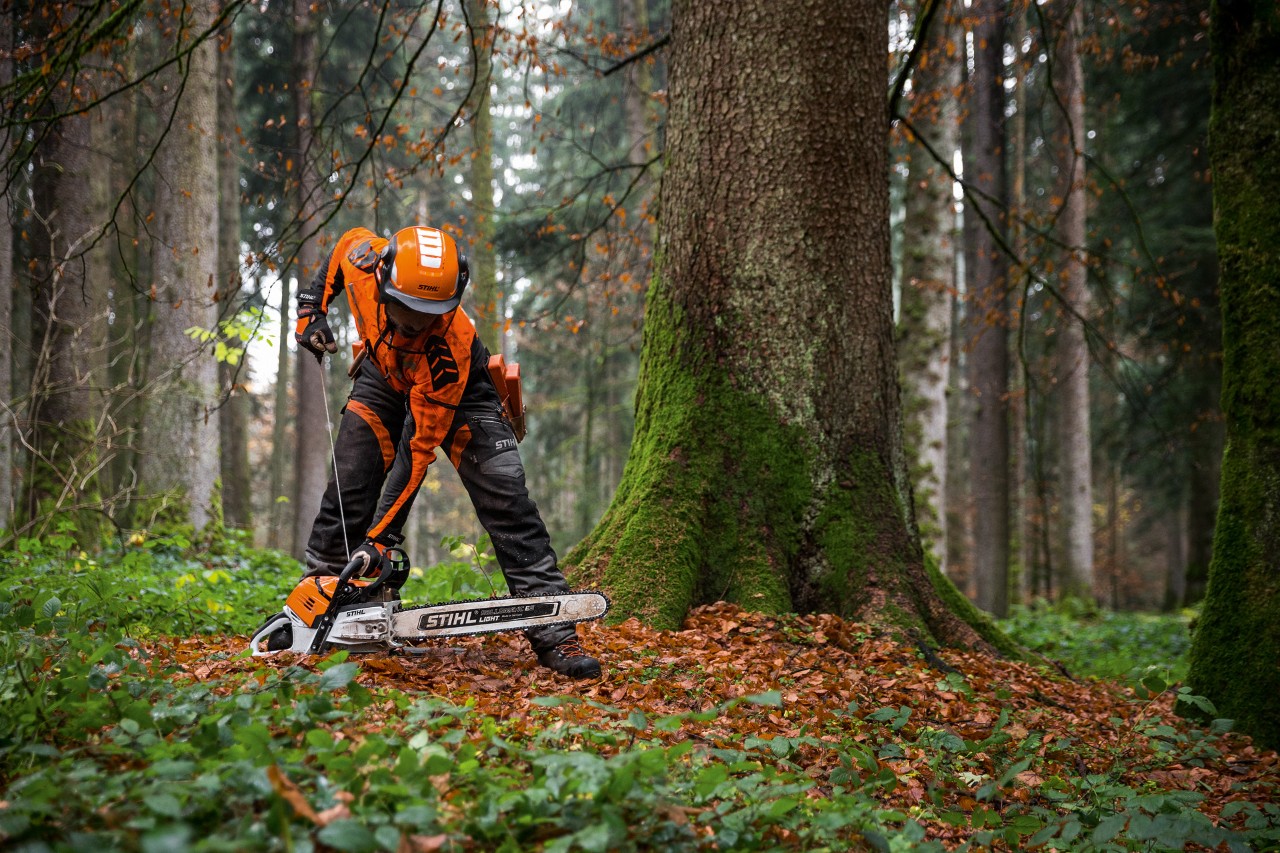 Un bărbat în îmbrăcăminte de protecție pornește motoferăstrăul pe benzină STIHL MS 500i la sol într-o pădure de foioase