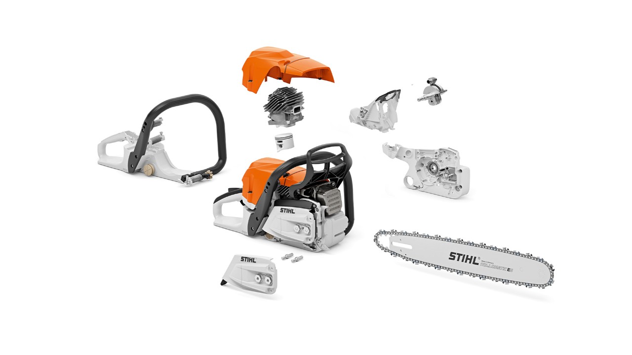Motoferăstrău pe benzină STIHL MS 400 C-M cu piston din magneziu, dezasamblat în piese individuale
