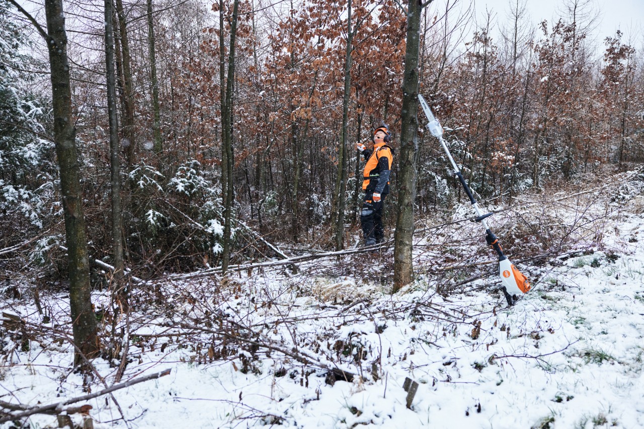 Un bărbat îmbrăcat în echipament de protecție lucrează într-o pădure acoperită cu zăpadă, în prim-plan se află un emondor de înălțime cu acumulator STIHL HTA 150 sprijinit de un trunchi de copac