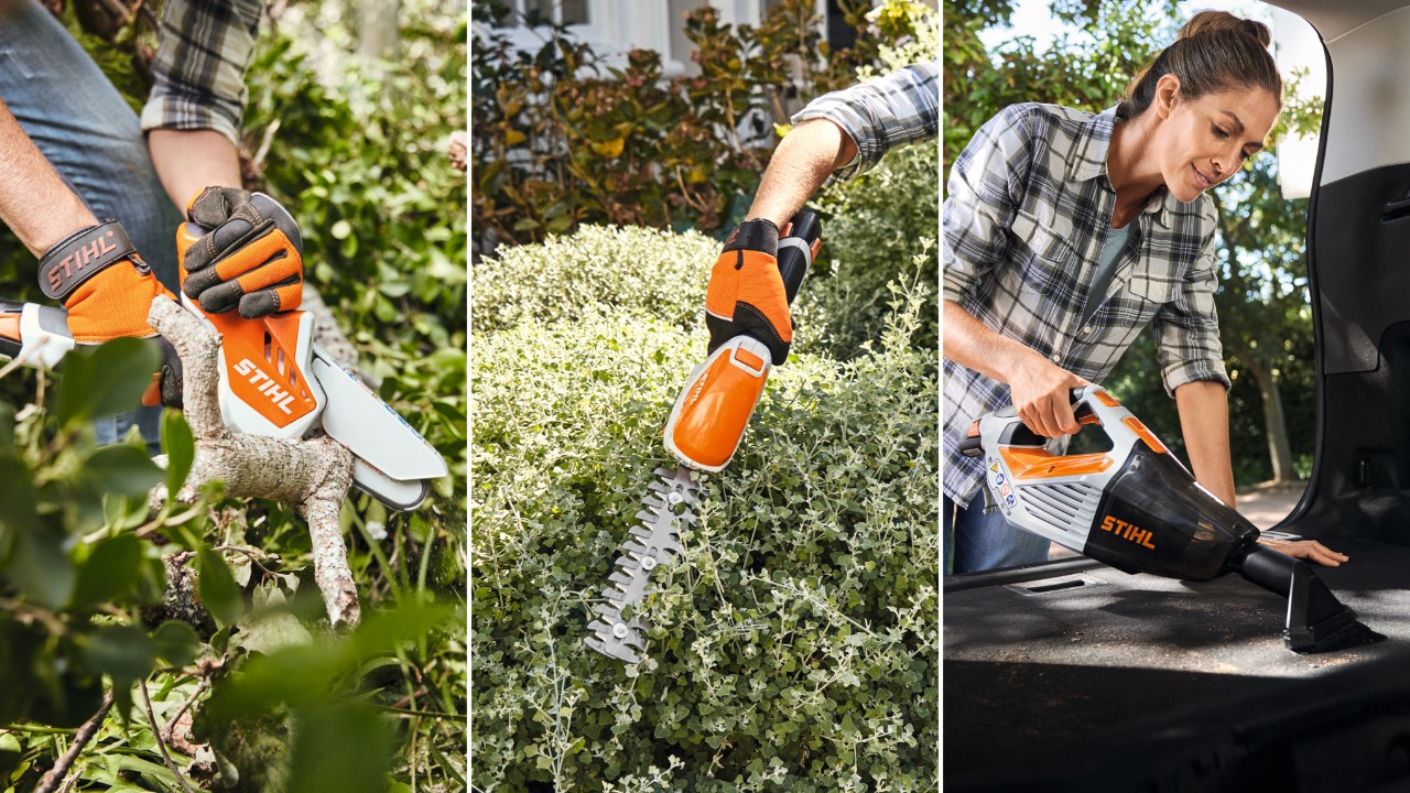  Utilajele STIHL din sistemul AS, utilaj de tăiat material lemnos cu acumulator GTA 26, foarfecă de tuns arbuști cu acumulator HSA 26 și aspirator de mână cu acumulator SEA 20